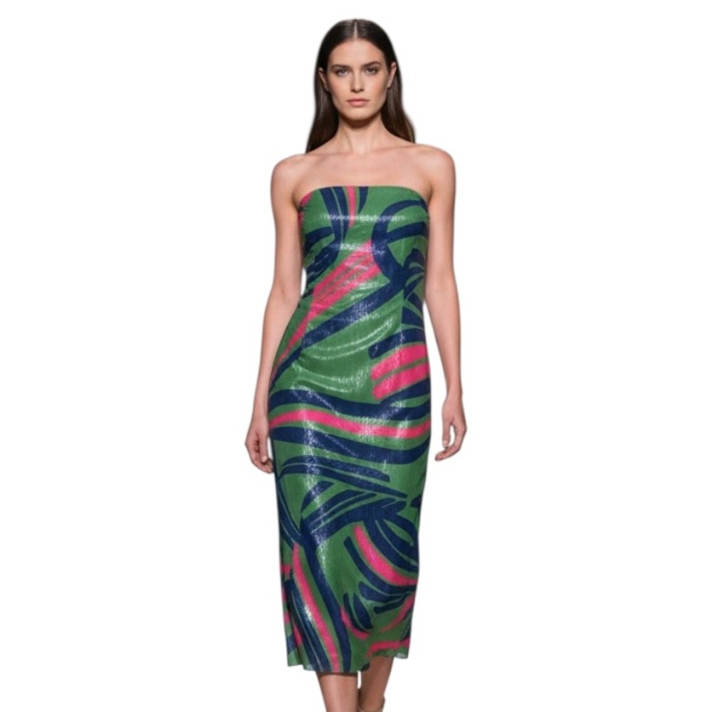 NWT Alden Adair LAUREN STRAPLESS DRESS Green/Violet/Pink Abstract Stripes SIZE S
